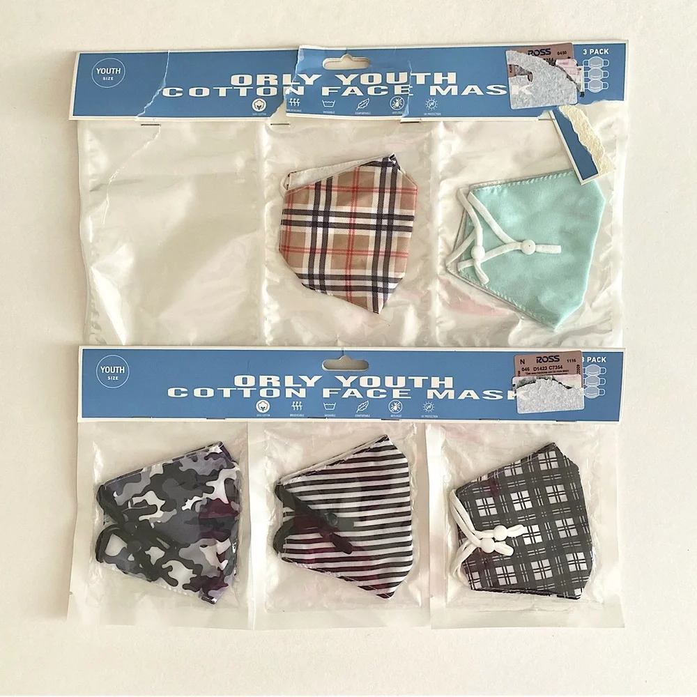 NWT Orly Youth Cotton Face Masks Multicolor Printed 3 Pack + 2 Pack Face Covers
